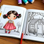 **

A whimsical, colorful sketch of a doll in a notebook. The notebook is open on a wooden table surrounded by colored pencils, fabric swatches (including cotton and linen), and small trinkets like buttons and ribbons. The sketch shows a doll with a friendly face and slightly quirky features. In the background, blurred, is a park scene with children playing, suggesting the inspiration behind the design. The style should be like a children's book illustration, warm and inviting.

**
