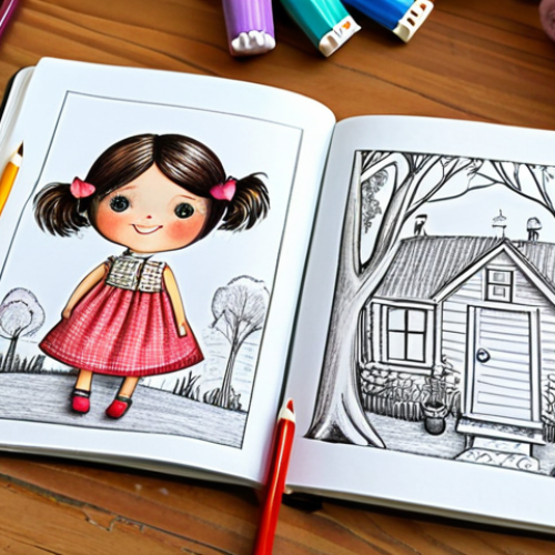 Home 23 **
A whimsical, colorful sketch of a doll in a notebook. The notebook is open on a wooden table surrounded by colored pencils, fabric swatches (including cotton and linen), and small trinkets like buttons and ribbons. The sketch shows a doll with a friendly face and slightly quirky features. In the background, blurred, is a park scene with children playing, suggesting the inspiration behind the design. The style should be like a children's book illustration, warm and inviting.
**