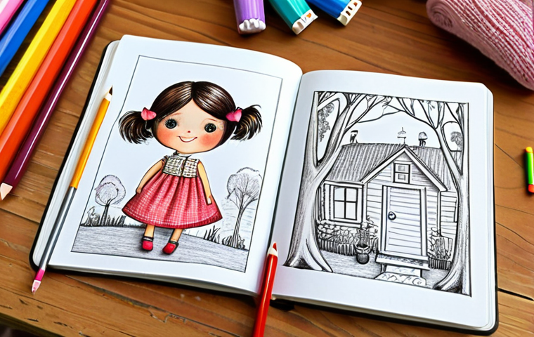 **
A whimsical, colorful sketch of a doll in a notebook. The notebook is open on a wooden table surrounded by colored pencils, fabric swatches (including cotton and linen), and small trinkets like buttons and ribbons. The sketch shows a doll with a friendly face and slightly quirky features. In the background, blurred, is a park scene with children playing, suggesting the inspiration behind the design. The style should be like a children's book illustration, warm and inviting.
**