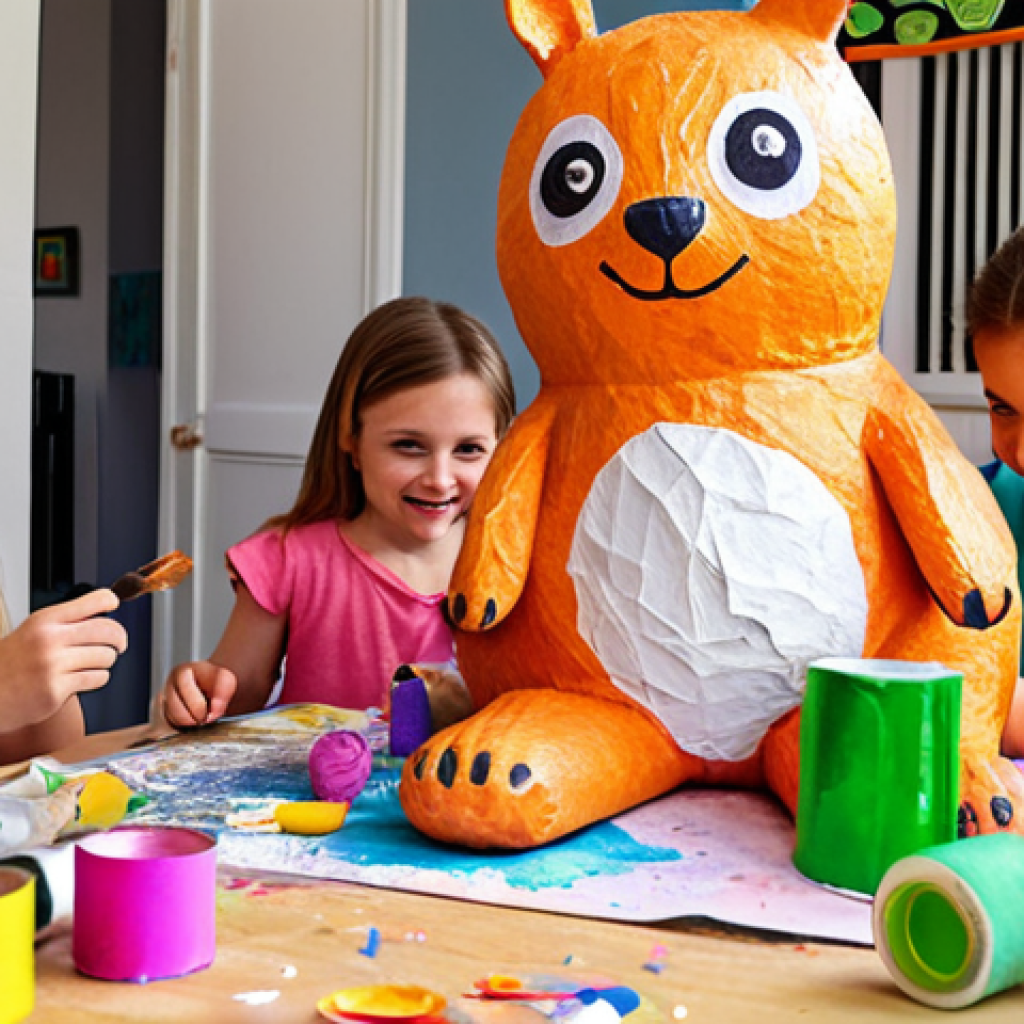 **

A bright and colorful scene of children enthusiastically working on a DIY project. They are decorating paper mâché animals with paint, glitter, and other craft supplies. Sophie Ruby is in the background, smiling and providing guidance. The overall atmosphere is fun, creative, and slightly chaotic, suggesting a successful and engaging DIY video shoot. Focus on warm, inviting colors and a sense of accomplishment.

**