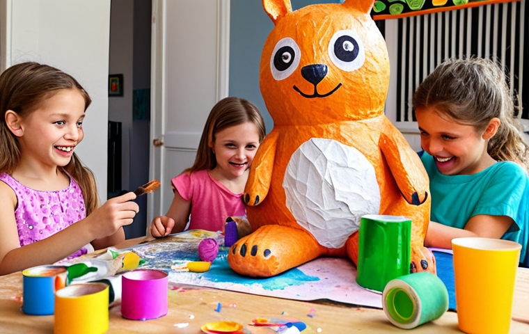**
A bright and colorful scene of children enthusiastically working on a DIY project. They are decorating paper mâché animals with paint, glitter, and other craft supplies. Sophie Ruby is in the background, smiling and providing guidance. The overall atmosphere is fun, creative, and slightly chaotic, suggesting a successful and engaging DIY video shoot. Focus on warm, inviting colors and a sense of accomplishment.
**