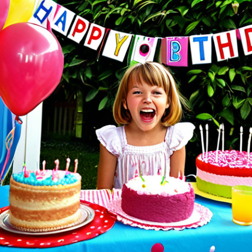 Home 21 **
A vibrant, colorful scene of a "Sophie Ruby" themed birthday party in a typical German backyard (Garten). Children are laughing and playing party games. A table is laden with "Sophie Ruby" themed decorations, a birthday cake with candles, and German treats like "Kuchen" and "Saft." Show balloons, streamers, and possibly a "Pinata" in the shape of a "Sophie Ruby" character. The overall mood should be cheerful and celebratory, reflecting a fun-filled childhood event.
**