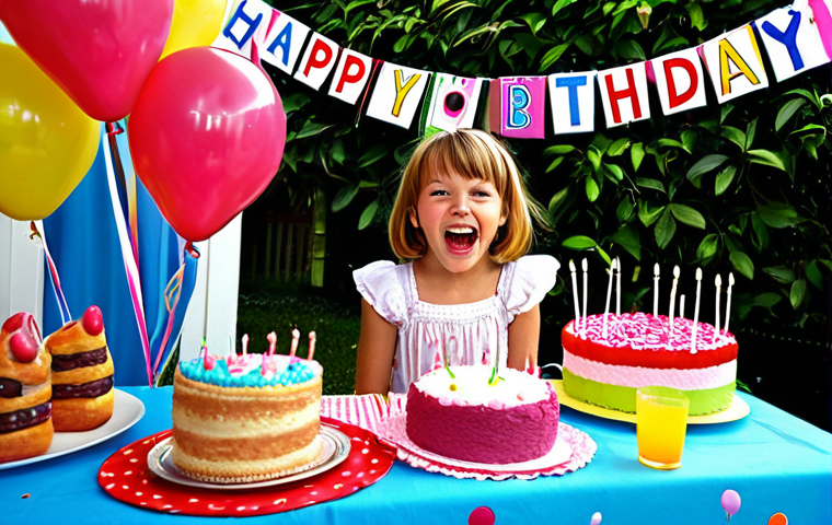 **
A vibrant, colorful scene of a "Sophie Ruby" themed birthday party in a typical German backyard (Garten). Children are laughing and playing party games. A table is laden with "Sophie Ruby" themed decorations, a birthday cake with candles, and German treats like "Kuchen" and "Saft." Show balloons, streamers, and possibly a "Pinata" in the shape of a "Sophie Ruby" character. The overall mood should be cheerful and celebratory, reflecting a fun-filled childhood event.
**