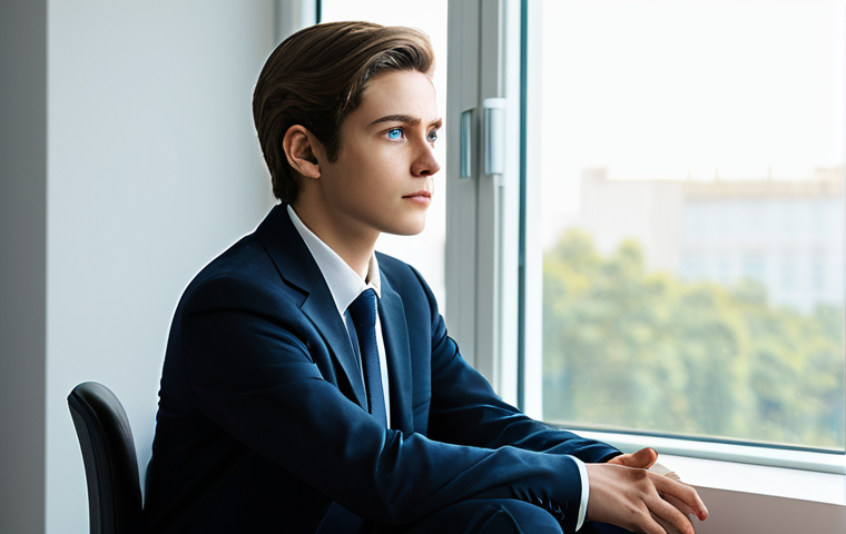 A young, gender-neutral character with expressive eyes, dressed in modest, professional attire, sitting thoughtfully by a large window in a bright, minimalist studio. Soft, natural light illuminates their contemplative face, creating an atmosphere of introspection and self-discovery. The scene captures a moment of quiet reflection, symbolizing personal growth. Professional photography, high resolution, soft lighting, perfect anatomy, correct proportions, natural pose, well-formed hands, proper finger count, natural body proportions, fully clothed, appropriate attire, safe for work, professional, family-friendly.