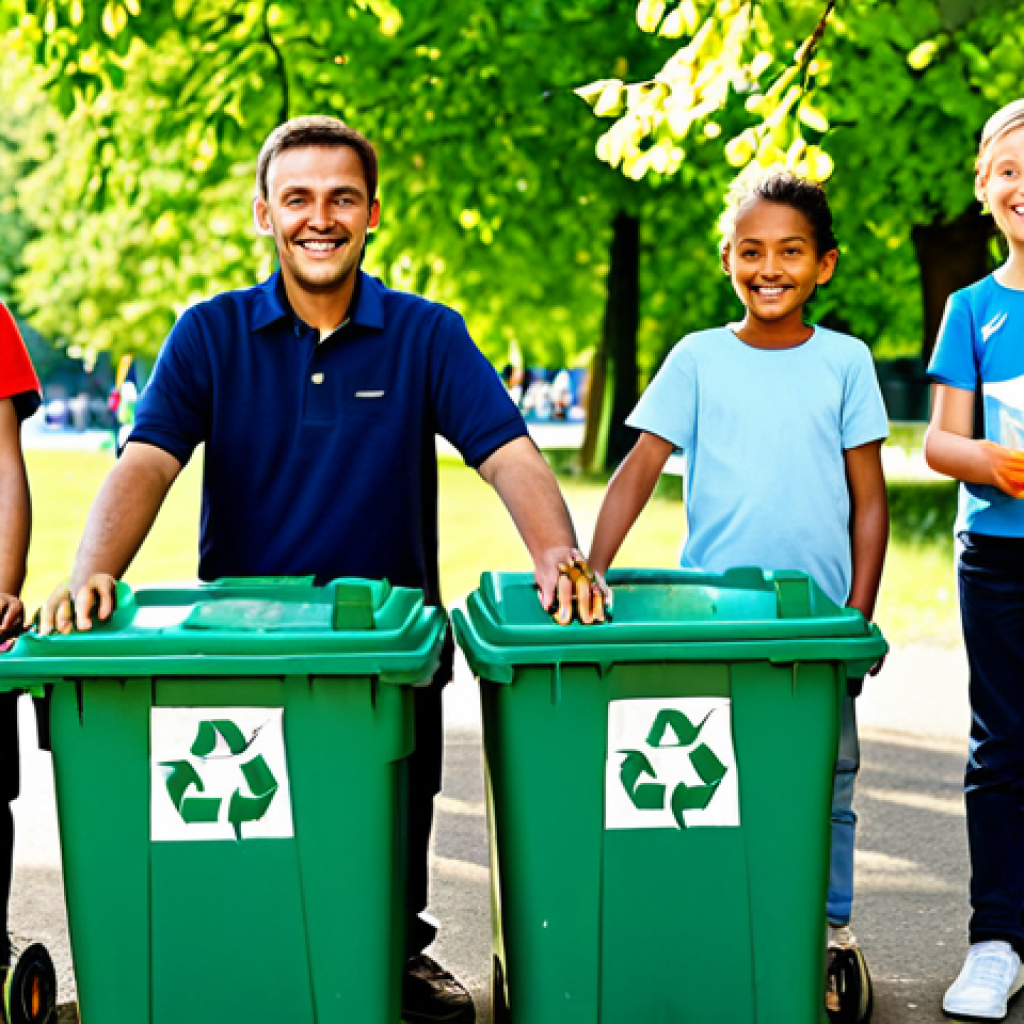 A diverse group of cheerful children, accompanied by a friendly adult, engaging in a community recycling activity. All subjects are fully clothed in modest, comfortable, and appropriate everyday attire suitable for outdoor activity. They are in a well-maintained, sunny public park in Germany, standing near clearly marked recycling bins. They are actively sorting plastic, paper, and organic waste. The background shows lush green trees and a clean, inviting atmosphere. safe for work, appropriate content, fully clothed, family-friendly, perfect anatomy, correct proportions, natural pose, well-formed hands, proper finger count, natural body proportions, professional photography, vibrant colors, clear focus.