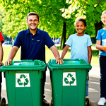 A diverse group of cheerful children, accompanied by a friendly adult, engaging in a community recycling activity. All subjects are fully clothed in modest, comfortable, and appropriate everyday attire suitable for outdoor activity. They are in a well-maintained, sunny public park in Germany, standing near clearly marked recycling bins. They are actively sorting plastic, paper, and organic waste. The background shows lush green trees and a clean, inviting atmosphere. safe for work, appropriate content, fully clothed, family-friendly, perfect anatomy, correct proportions, natural pose, well-formed hands, proper finger count, natural body proportions, professional photography, vibrant colors, clear focus.