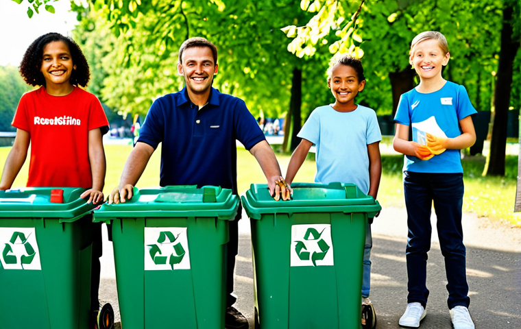 A diverse group of cheerful children, accompanied by a friendly adult, engaging in a community recycling activity. All subjects are fully clothed in modest, comfortable, and appropriate everyday attire suitable for outdoor activity. They are in a well-maintained, sunny public park in Germany, standing near clearly marked recycling bins. They are actively sorting plastic, paper, and organic waste. The background shows lush green trees and a clean, inviting atmosphere. safe for work, appropriate content, fully clothed, family-friendly, perfect anatomy, correct proportions, natural pose, well-formed hands, proper finger count, natural body proportions, professional photography, vibrant colors, clear focus.