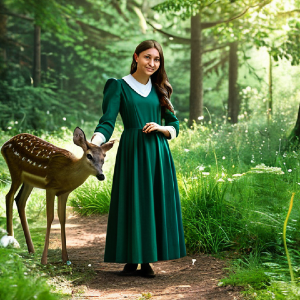 **

A young woman, Sophie, wearing a modest forest green dress, stands in a sun-dappled forest clearing, fully clothed, appropriate attire, safe for work. A gentle deer approaches her, she holds out her well-formed hand. Soft, natural lighting, lush foliage, detailed background with various plants and flowers. Perfect anatomy, correct proportions, natural pose. Professional photography, high quality, family-friendly.

**
