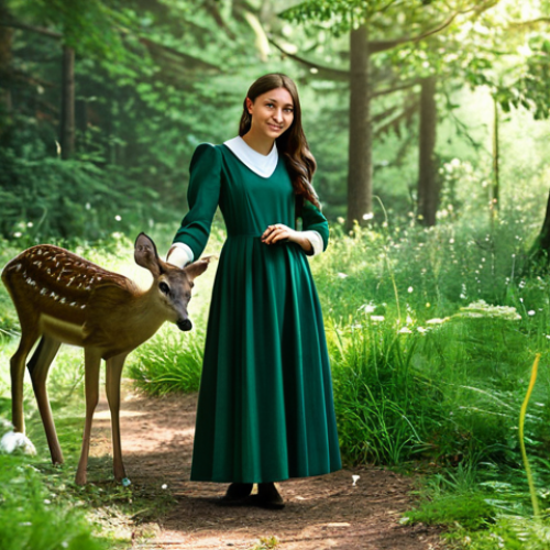 **

A young woman, Sophie, wearing a modest forest green dress, stands in a sun-dappled forest clearing, fully clothed, appropriate attire, safe for work. A gentle deer approaches her, she holds out her well-formed hand. Soft, natural lighting, lush foliage, detailed background with various plants and flowers. Perfect anatomy, correct proportions, natural pose. Professional photography, high quality, family-friendly.

**