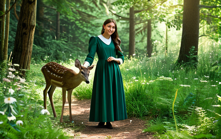 **
A young woman, Sophie, wearing a modest forest green dress, stands in a sun-dappled forest clearing, fully clothed, appropriate attire, safe for work. A gentle deer approaches her, she holds out her well-formed hand. Soft, natural lighting, lush foliage, detailed background with various plants and flowers. Perfect anatomy, correct proportions, natural pose. Professional photography, high quality, family-friendly.
**