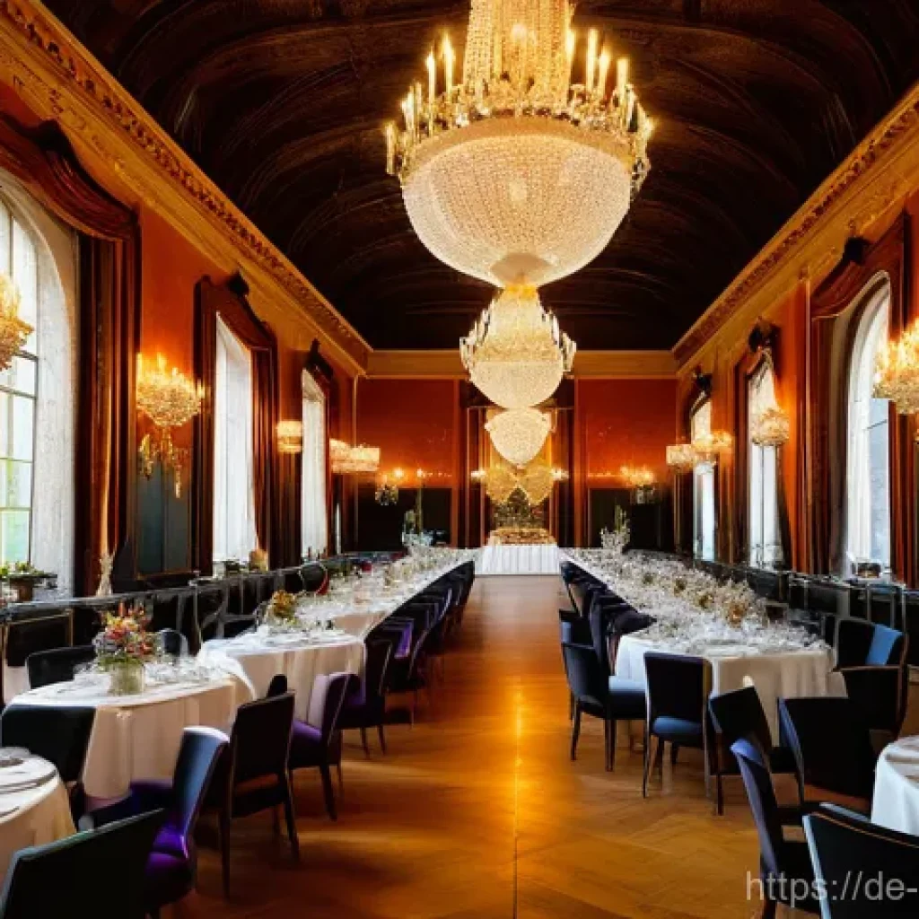 소피루비 이벤트 플래너 - **Prompt: "A vibrant, elegant gala dinner event in a historic German castle ballroom, filled with di...