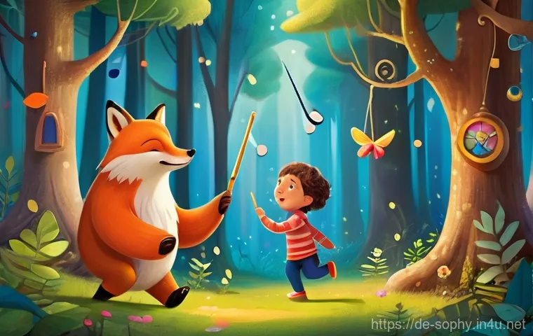소피루비의 음악 연출 - **Whimsical Forest of Melodies:**
"A high-definition, vibrant illustration depicting a joyful 6-...