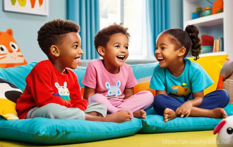 소피루비 어린이 선호도 조사 - **Prompt:** A cozy, brightly lit children's playroom where two children, aged 6 and 8, are sitting o...