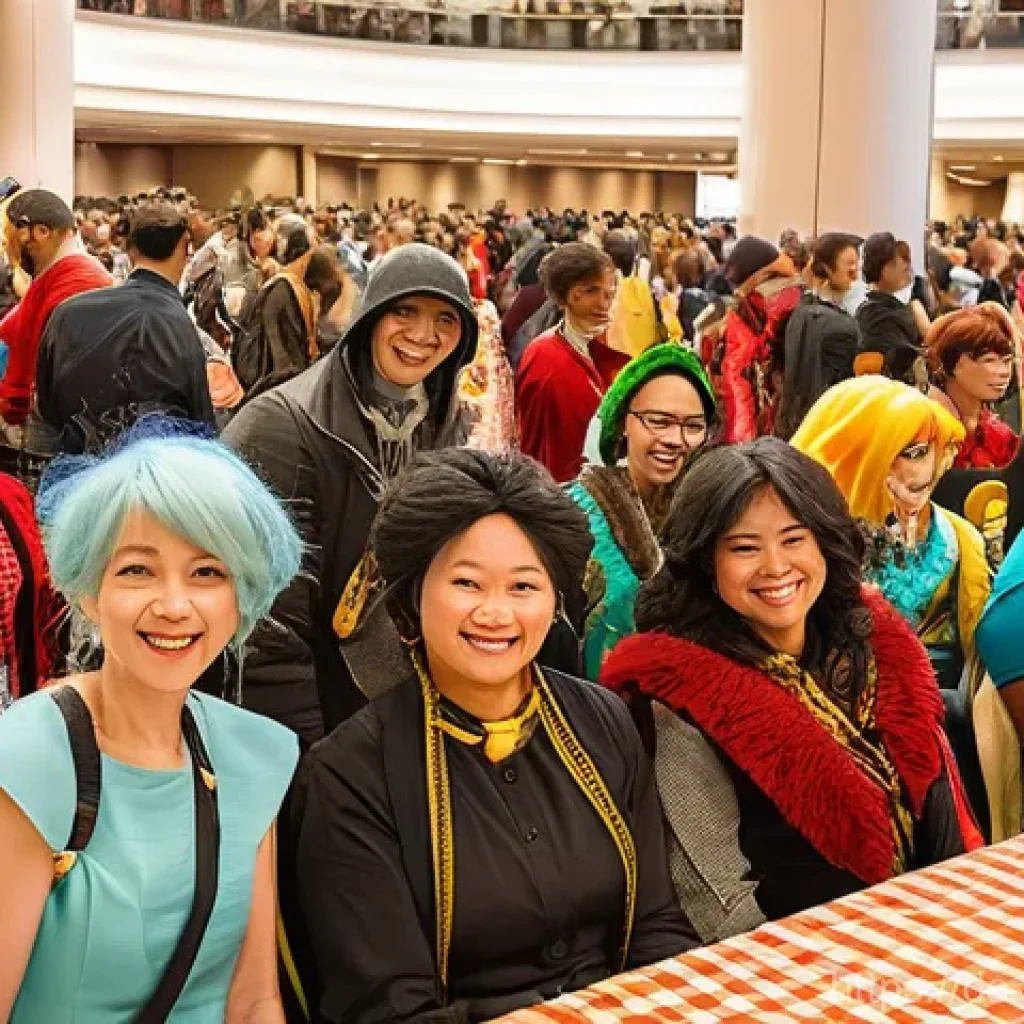 소피루비 팬 커뮤니티 소식 - "A brightly lit, bustling fan convention hall teeming with a diverse group of enthusiastic attendees...