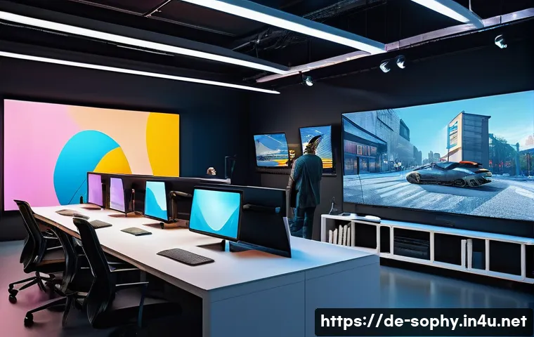 소피루비 한국 애니메이션 업계 - A futuristic animation studio in Berlin equipped with cutting-edge 3D rendering technology, featurin...