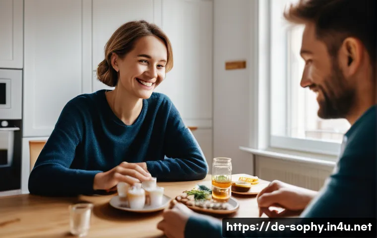 소피루비 속의 가족적 가치 - A warm, cozy family scene during a shared dinner in a modern German apartment, featuring diverse fam...