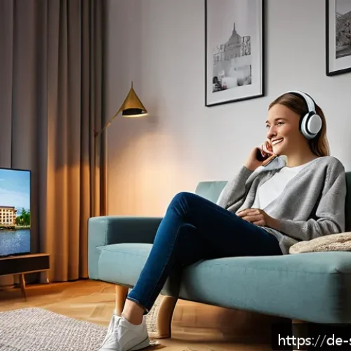 Home 31 소피루비 영어 더빙판 - A cozy living room scene featuring a young German woman wearing comfortable casual clothes and headp...