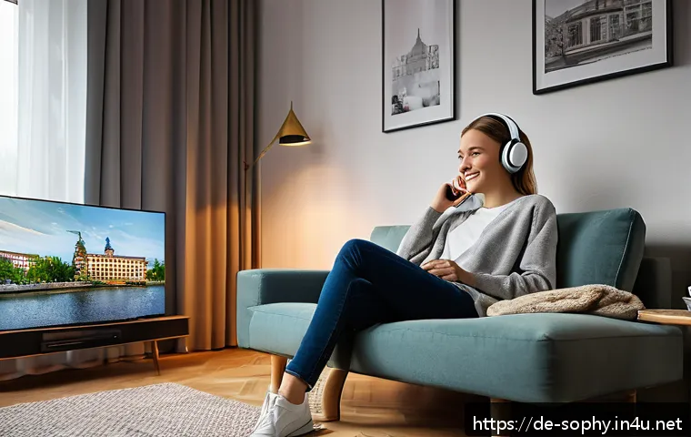 소피루비 영어 더빙판 - A cozy living room scene featuring a young German woman wearing comfortable casual clothes and headp...