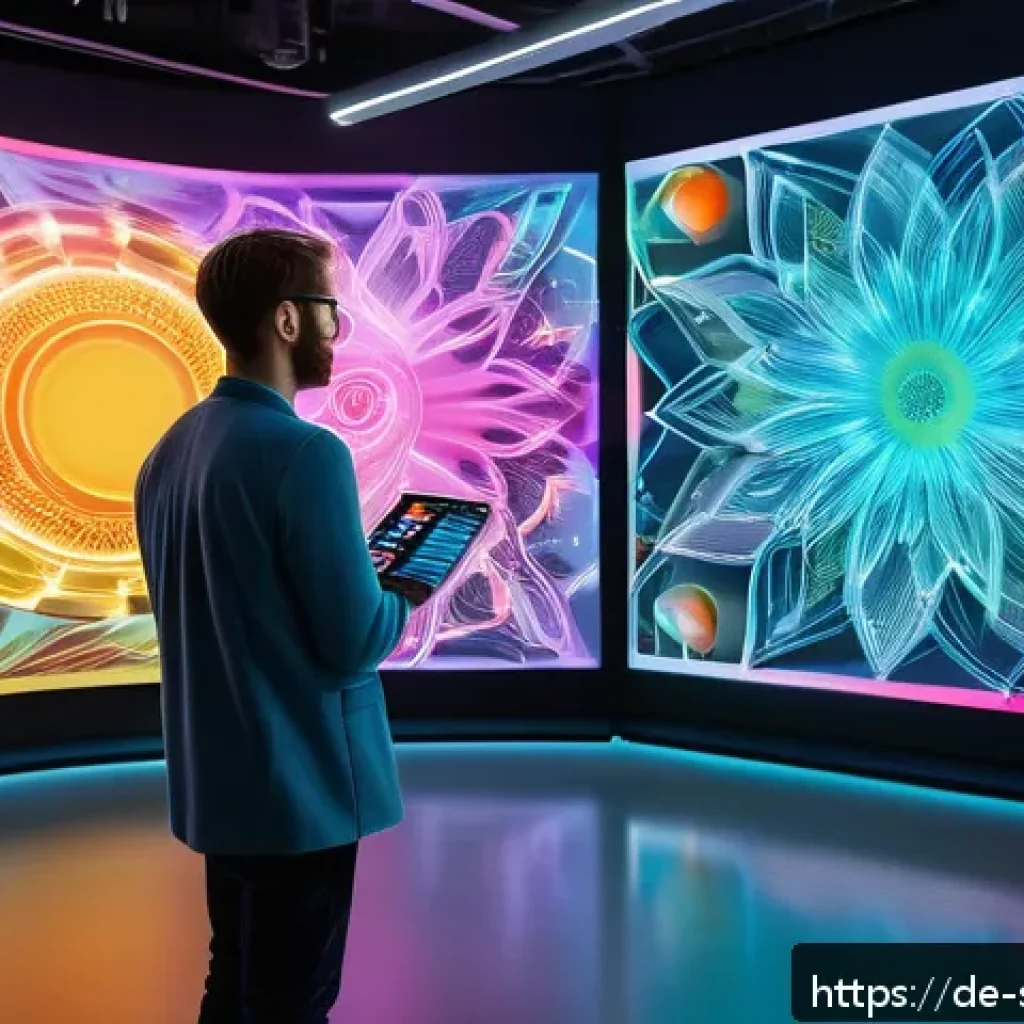 소피루비의 독창성 분석 - A vibrant digital art studio scene showcasing a creative individual with a unique, experimental styl...