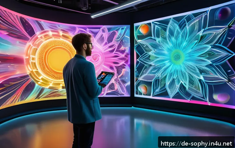 소피루비의 독창성 분석 - A vibrant digital art studio scene showcasing a creative individual with a unique, experimental styl...
