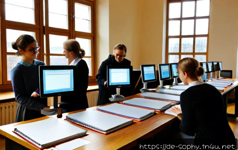 소피루비와 관련된 학문적 연구 - Photorealistic German university media studies library, a diverse team of researchers analyzing colo...