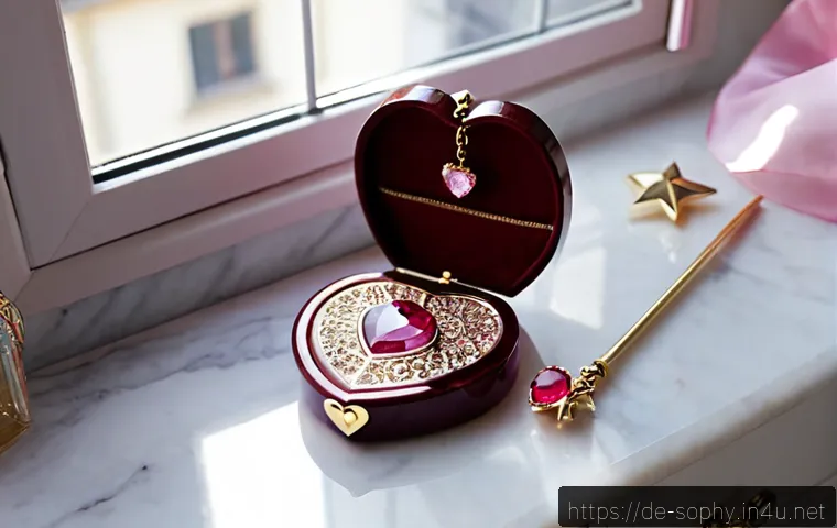 소피루비 상징적인 요소 - Photorealistic magical-girl-inspired transformation accessories arranged on a white marble vanity: a...