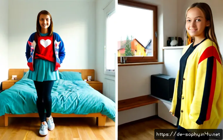 Home 17 소피루비 주인공의 변화 - Photorealistic split-scene portrait of a confident young teenage heroine in a bright German suburban...